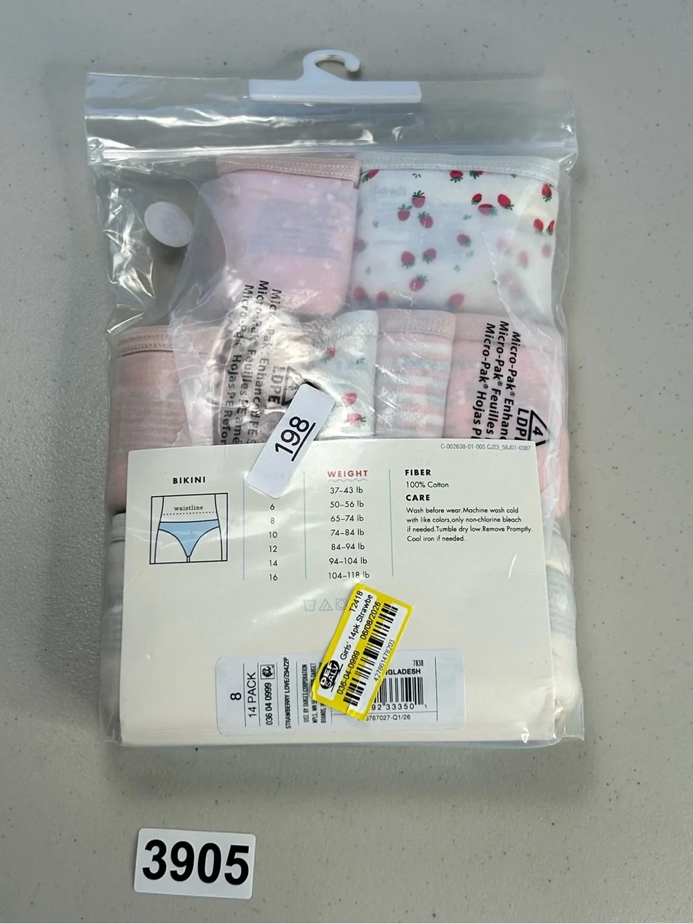 Cat & Jack Girls' Size 8 Bikinis Underwear 12 Pack Cotton Pink White Strawberry